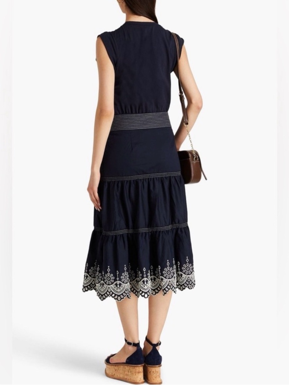 Veronica Beard Navy Blue & White Eyelet Sleeveless Amaia Midi Dress | S - Picture 3 of 7